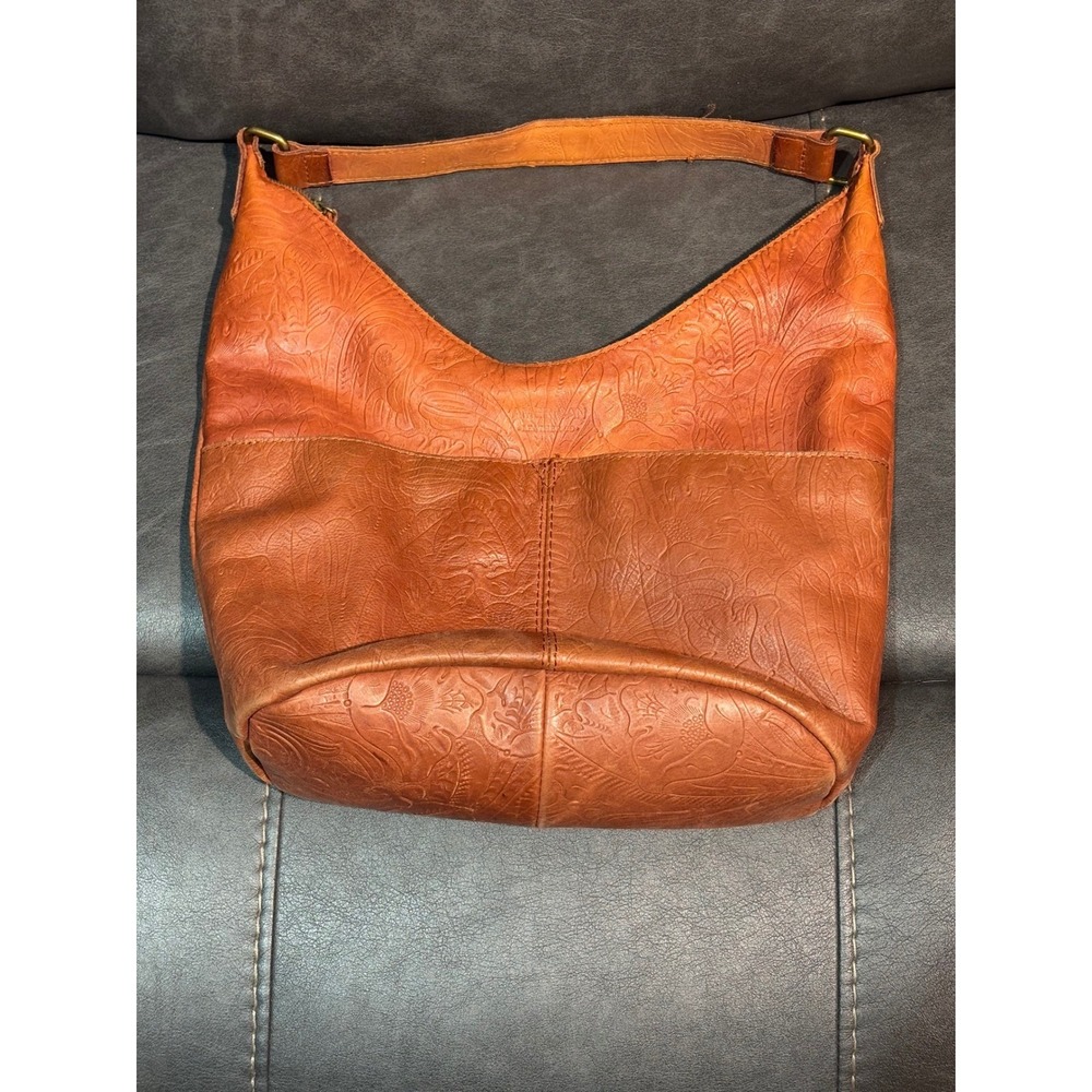 American‎ Leather Co Cognac Floral Embossed Leather Hobo Shoulder Bag Womens